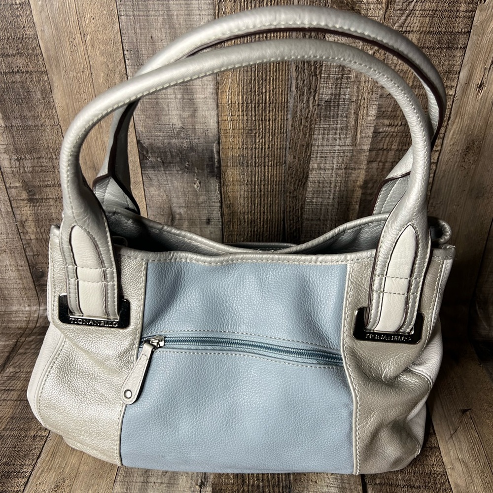 TIGNANELLO Silver Blue Colorblock Leather Satchel Shoulder Bag Belt Accents - Picture 6 of 16